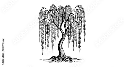 Detailed ink sketch of a weeping willow tree with cascading branches