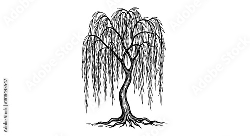 Detailed sketch of a weeping willow tree with cascading branches and roots