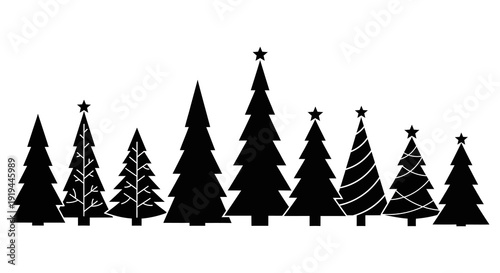 Black silhouette illustration of coniferous trees with stars above them
