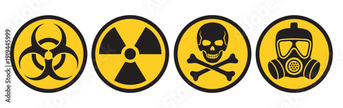 Hazard symbols set, biohazard, radiation, skull, gas mask icons, yellow round warning signs, vector design, safety concept