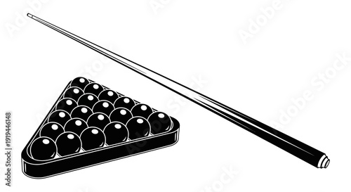 A black and white illustration of billiard balls racked with a cue stick