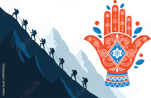 Hikers climbing mountain with hamsa hand symbol ropes backpacks