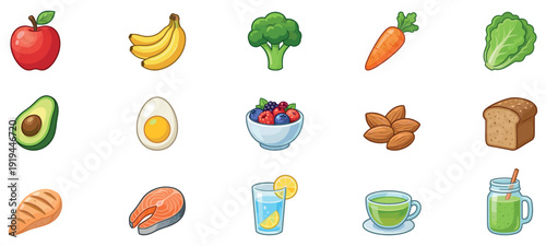 Healthy Food Diet and Nutrition Flat Vector Icon Collection