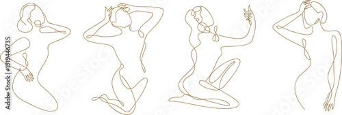 Four women in various poses drawn with a single continuous brown line single line brown line continuous line