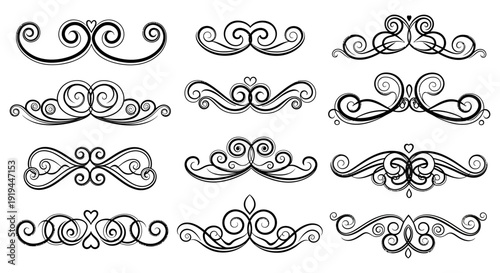 Collection of ornate black swirls and flourishes decorative design elements