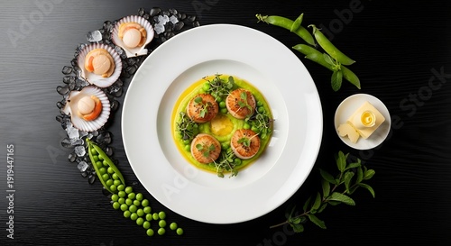 Gourmet seafood appetizer with shrimp and herbs on elegant plate with candles and modern fine dining presentation concept