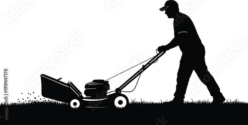 Black vector silhouette of a man pushing a lawn mower over a grassy field for landscaping garden maintenance yard work and professional services