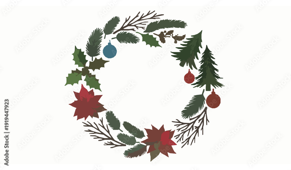 Naklejka premium Rustic Hand Drawn Christmas Wreath Vector with Pine, Holly, and Holiday Flowers