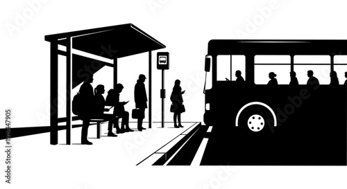 Black and white illustration of people waiting at a bus stop with an approaching bus