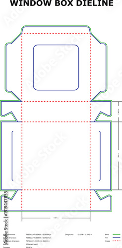 A technical drawing of a window box dieline template with measurements