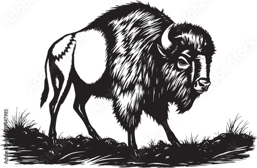 Buffalo, bison, bull, artiodactyl. Hand drawn vector illustration