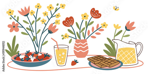 A vibrant spring still life with flowers, fruits, and a teapot.