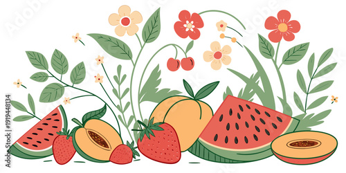 A vibrant illustration of fresh fruits and flowers in a rustic setting