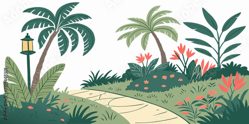 A serene tropical landscape with palm trees and a winding path.