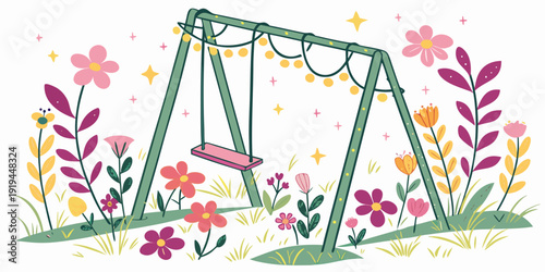 A charming illustration of a swing set surrounded by colorful flowers and greenery