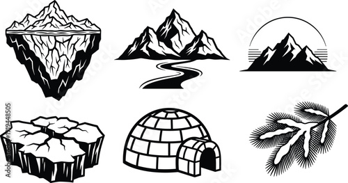Silhouette icons of iceberg, mountain range, igloo, pine branch, cracked land, arctic and alpine environment illustration design vector