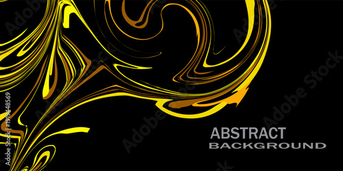 Abstract layout graphic. Moving liquid oil like, marble black and yellow gold texture. Can use for product, label, packaging, or background for typography.