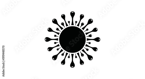 Black and white illustration of a coronavirus with radiating spike proteins