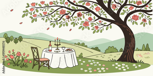 A vibrant countryside scene with animals grazing under a tree.