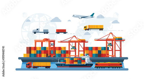 A global logistics network features various transportation modes including trucks, a train, a ship, and an airplane against a world map.