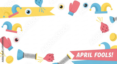 Colorful april fools' day graphic design elements with jester hats boxing gloves and prank props on white background