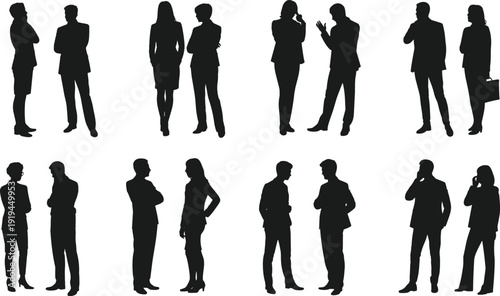 Black silhouettes of professional business men and women standing and talking in pairs for corporate networking meetings and partnership concepts isolated on white background