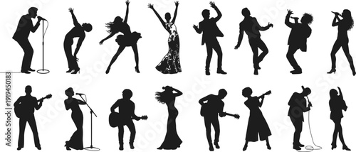 Large collection of black silhouettes featuring male and female singers dancers and guitarists performing on stage isolated on white background for concert and event posters