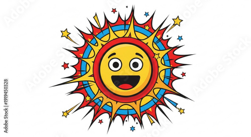 Vibrant cartoon sun with smiling face and colorful rays and stars on white background symbolizing happiness and energy
