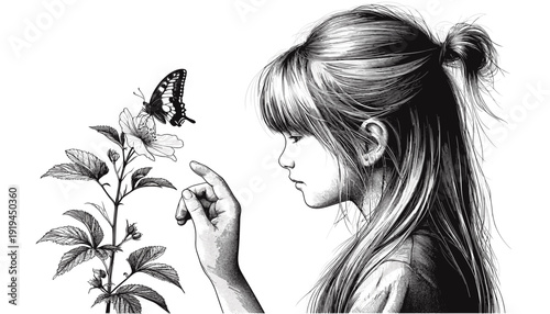 A girl admires butterfly near plant in nature sketch