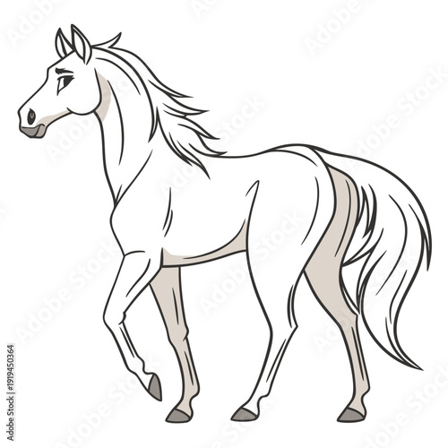 A simple line art illustration of a white horse standing gracefully against a plain white background