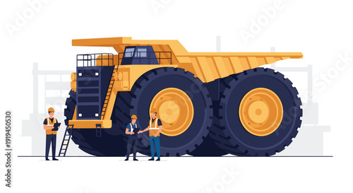 Two male construction workers stand beside an immense yellow mining dump truck, diligently reviewing plans and discussing operations at a worksite.