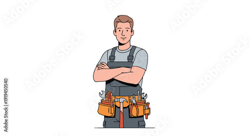 A confident male worker, dressed in gray overalls and a well-equipped tool belt, stands with his arms crossed, ready for any task.
