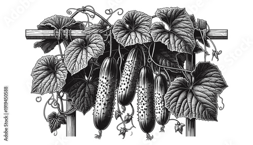 Cucumbers growing on vine in botanical style