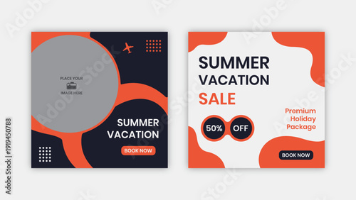 A vibrant summer vacation social media post template with an editable empty template and flyer design
