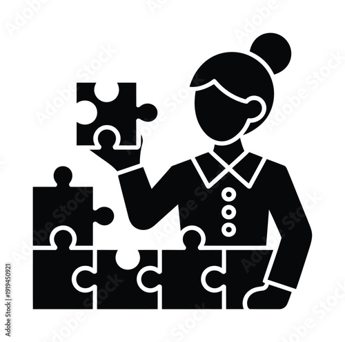 Vector silhouette of a woman placing a puzzle piece