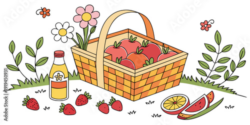 A vibrant basket of fresh fruits surrounded by colorful flowers and plants