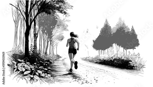 Runner jogging through misty forest trail