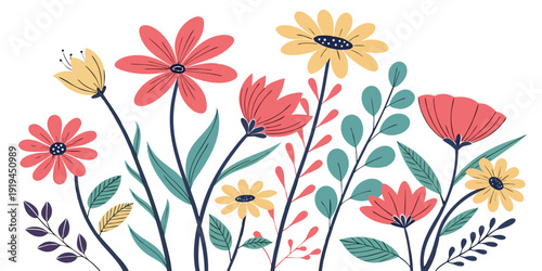 A vibrant and colorful illustration of various flowers in full bloom