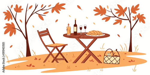 A serene autumn picnic setup with wine and cheese on a rustic wooden table