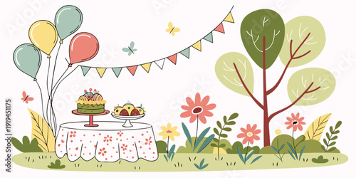 A whimsical outdoor celebration with colorful decorations and a festive atmosphere