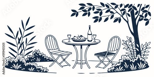 A serene garden setting with a table and chairs under a tree