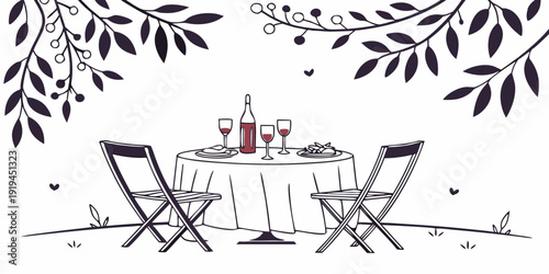 A cozy outdoor dining setup with a table, chairs, and a bottle of wine