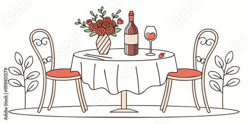 Romantic dinner for two set on a table with wine and flowers