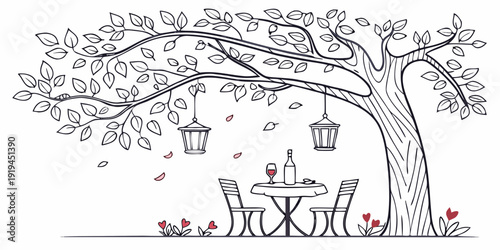 A serene outdoor setting with a table, chairs, and hanging lanterns under a tree.