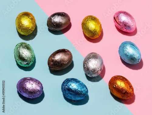 Colorful Foil Wrapped Chocolate Easter Eggs Flat Lay on Pink and Blue Pastel Background