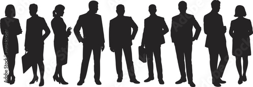 Collection of black silhouettes of diverse business professionals in formal suits standing in different poses isolated on transparent background for corporate design and teamwork
