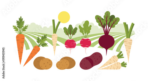 An array of fresh root vegetables, including carrots, parsnips, radishes, beets, and potatoes, is on green fields.