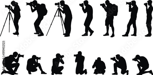 Large collection of black photographer silhouettes holding professional cameras on tripods and handheld while standing or kneeling isolated on a black background for media design