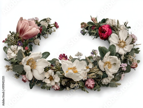 Spring Floral Wreath in Egg Shape with Peonies and White Wildflowers – Elegant Botanical Frame on White Background