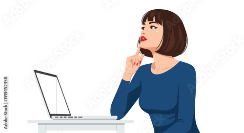 A stylish young woman with short brown hair and red lipstick sits at a white desk with an open laptop, looking upwards thoughtfully.